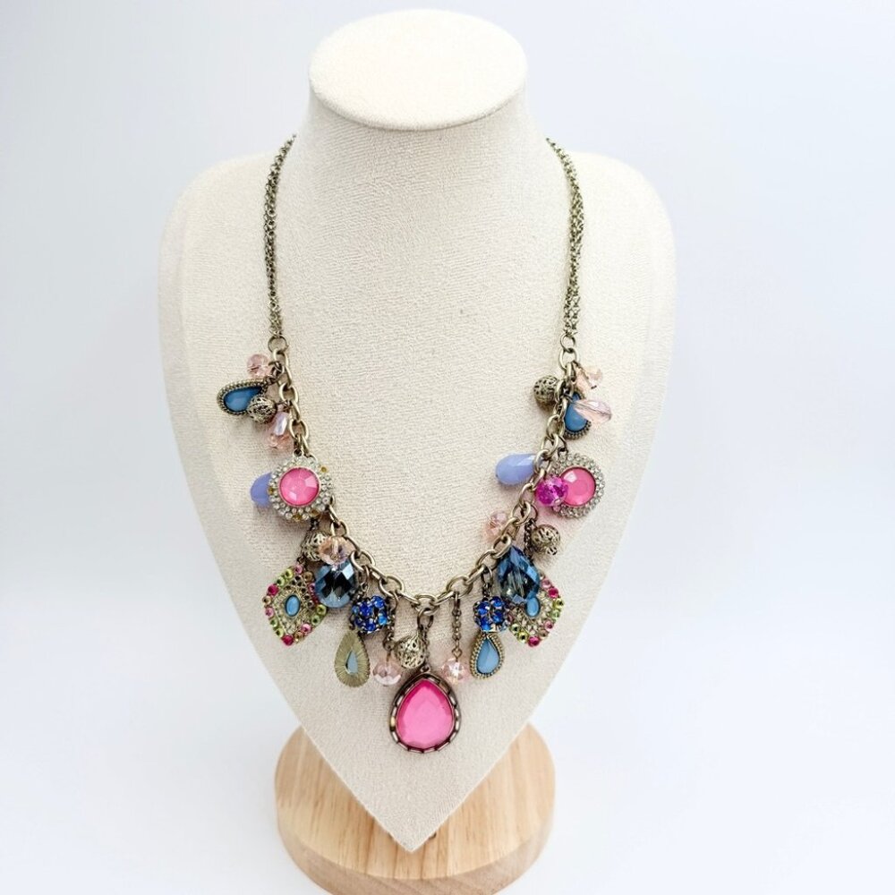 Vintage Bijou Pink Teardrop Rhinestone Charm Necklace
